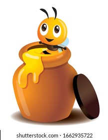 Cartoon cute bee enjoy soaking in a honey pot with fresh honey dripping out from pot - vector character