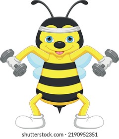cartoon cute bee exercise with dumbbells