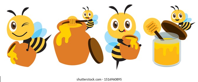 Cartoon cute bee flat art mascot set. Cartoon cute bee with honey pot set. Cute bee carries honey pot and organic honey bottle - Flat art vector character mascot set