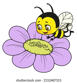 Dibujo de una abeja linda vuela alrededor de la flor delineada para la página de colorear sobre fondo blanco