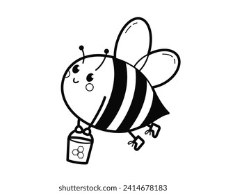 La adorable abeja vuela con un cubo de miel en las manos. Ilustración de esquema, elementos de diseño o página del libro de colorear para niños.