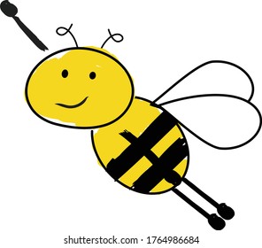 Cartoon cute bee flying up with arm raised. Bee brave