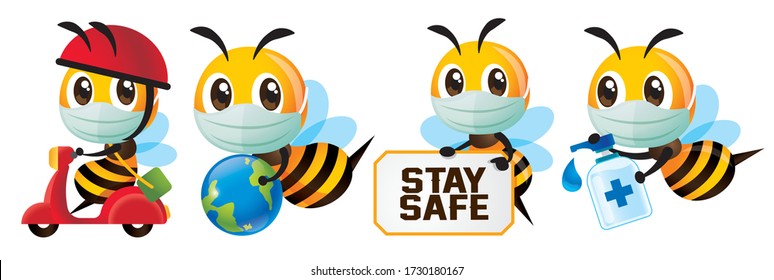 Cartoon cute bee global health awareness against virus in set. Cute bee wearing protective face mask for delivery, holding globe, holding stay safe signage, holding hand sanitizer - vector character