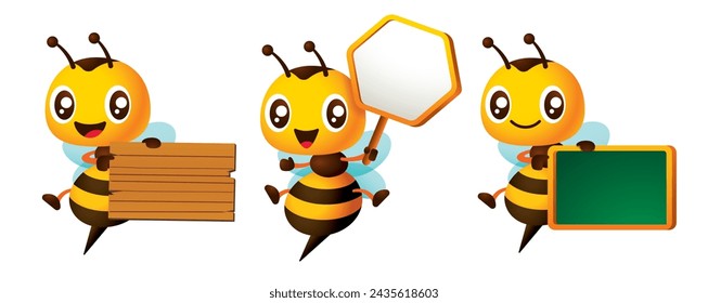 Cartoon cute bee hold signboard variation mascot set. Cute bee carries wooden, honeycomb-shaped signboard and blackboard. Vector character set