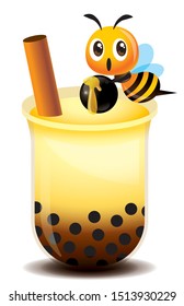 Cartoon cute bee holding chewy tapioca balls with fresh topping pearls and brown sugar bubble tea - vector mascot illustration