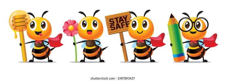 Cartoon cute bee holding honey dipper, flower, wooden signboard and pencil character mascot set