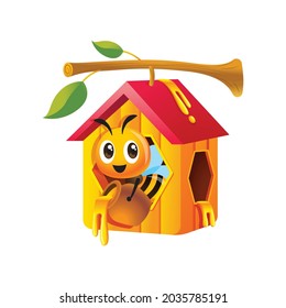 Cartoon cute bee holding honey pot and stay inside honeycomb house which hang on tree twig. Honey dripping out from pot and honeycomb shape window