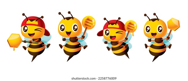 Cartoon cute bee holding honey dipper and honeycomb mascot set. Cartoon honey bee wearing red cap. Collection vector illustration