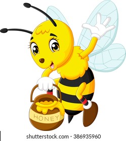 cartoon cute bee holding a honey pot  isolated on white background