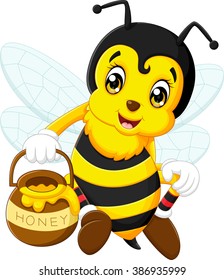 cartoon cute bee holding a honey pot  isolated on white background