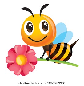 Cartoon cute bee holding pink flower with big smile - vector character