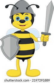 cartoon cute bee holding sword and shield 