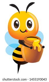 Cartoon cute bee holds a big honey pot. Fresh organic honey - Vector character