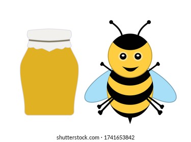 Cartoon cute bee and jar of honey. Bee flat design isolated on white background.