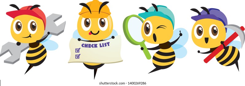 Cartoon cute bee labour worker mascot set. Cartoon cute bee holding a spanner, holding a signage, holding a magnifying glass, holding a hoe. Hardworking bee wearing safety cap. Flat Vector