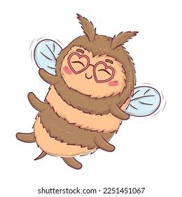 Cartoon cute bee in love flying in glasses in the form of hearts for Valentine's Day isolated on a white background vector illustration