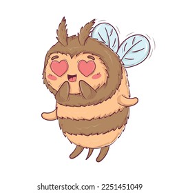 Cartoon cute bee in love rejoices with hearts instead of eyes for Valentine's Day isolated on white background vector illustration