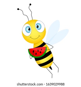 Cartoon cute bee mascot. A cheerful bee with a watermelon flies. Vector character. Insect icon. Design template for invitation, greeting card, wallpaper, kindergarten. Doodle style.