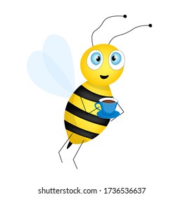 Cartoon cute bee mascot. A cheerful bee with a cup of tea.  Small wasp. Vector character. Insect icon. Design template for invitation, greeting card, wallpaper, kindergarten. Doodle style.