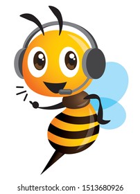 Cartoon cute bee mascot. Customer service representative bee in headset. Cartoon bee operator. Customer support. - vector character