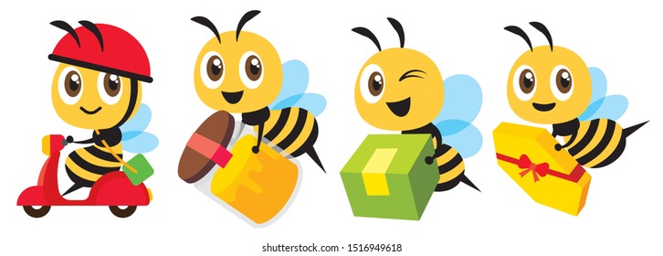 Cartoon cute bee mascot flat art vector set. Cartoon cute bee deliver product set. Cute bee ride scooter, cute bee carry organic honey bottle - Flat art vector character set