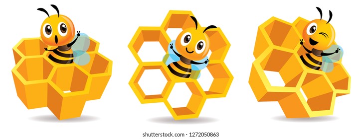 Cartoon cute bee mascot with honey cells set. Cartoon cute bee with big Honey Cells. Honeycomb vector illustration isolated