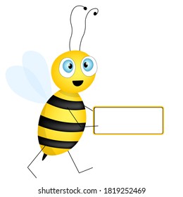 Cartoon cute bee mascot. Merry bee with an empty table. Small wasp. Vector character. Insect icon. Holiday template design for invitation, cards, wallpaper, school, kindergarten. Copy space.