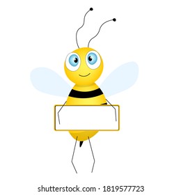 Cartoon cute bee mascot. Merry bee with an empty table. Small wasp. Vector character. Insect icon. Holiday template design for invitation, cards, wallpaper, school, kindergarten. Copy space.