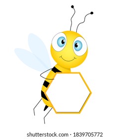 Cartoon cute bee mascot. Merry bee with an empty table. Small wasp. Vector character. Insect icon. Holiday template design for invitation, cards, wallpaper, school, kindergarten. Copy space.
