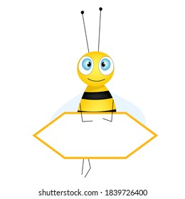 Cartoon cute bee mascot. Merry bee with an empty table. Small wasp. Vector character. Insect icon. Holiday template design for invitation, cards, wallpaper, school, kindergarten. Copy space.