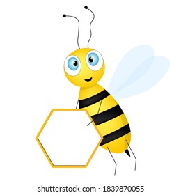 Cartoon cute bee mascot. Merry bee with an empty table. Small wasp. Vector character. Insect icon. Holiday template design for invitation, cards, wallpaper, school, kindergarten. Copy space.