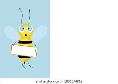 Cartoon cute bee mascot. Merry bee with an empty table. Small wasp. Vector character. Insect icon. Holiday template design for invitation, cards, wallpaper, school, kindergarten. Copy space.