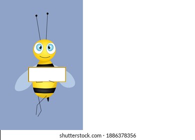 Cartoon cute bee mascot. Merry bee with an empty table. Small wasp. Vector character. Insect icon. Holiday template design for invitation, cards, wallpaper, school, kindergarten. Copy space.