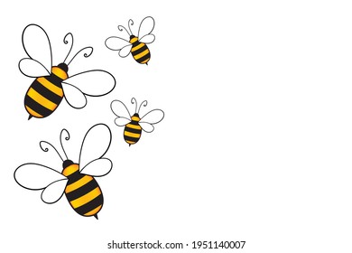 Cartoon cute bee mascot. Merry bee with an empty table. Small wasp. Vector character. Insect icon. Holiday template design for invitation, cards, wallpaper, school, kindergarten. Copy space.