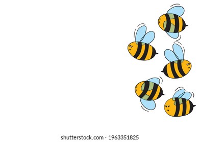 Cartoon cute bee mascot. Merry bee with an empty table. Small wasp. Vector character. Insect icon. Holiday template design for invitation, cards, wallpaper, school, kindergarten. Copy space.
