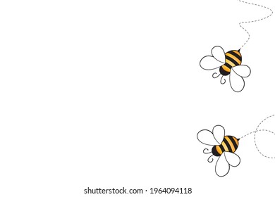 Cartoon cute bee mascot. Merry bee with an empty table. Small wasp. Vector character. Insect icon. Holiday template design for invitation, cards, wallpaper, school, kindergarten. Copy space.