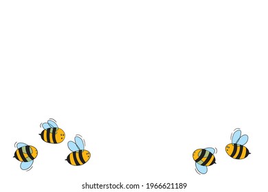 Cartoon cute bee mascot. Merry bee with an empty table. Small wasp. Vector character. Insect icon. Holiday template design for invitation, cards, wallpaper, school, kindergarten. Copy space.