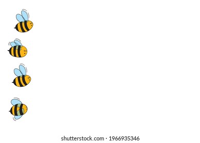 Cartoon cute bee mascot. Merry bee with an empty table. Small wasp. Vector character. Insect icon. Holiday template design for invitation, cards, wallpaper, school, kindergarten. Copy space.