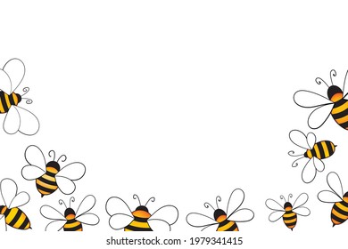 Cartoon cute bee mascot. Merry bee with an empty table. Small wasp. Vector character. Insect icon. Holiday template design for invitation, cards, wallpaper, school, kindergarten. Copy space.