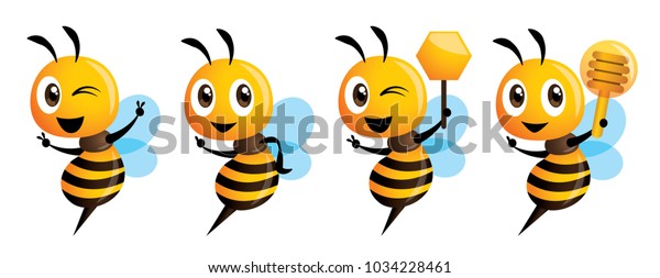 Мультфильм милый пчела талисман серии. Мультфильм милые пчелы указывая. Симпатичные пчелы держит сотовые. Симпатичные пчелы держит мед ковша. Векторная иллюстрация изолирована