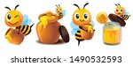 Cartoon cute bee mascot set. Cartoon cute bee with honey pot set. Cute bee carries honey pot and organic honey bottle - Vector character mascot set