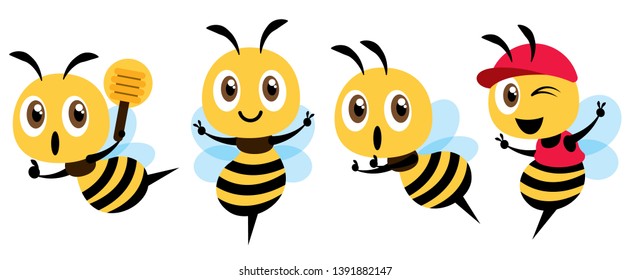 Cartoon cute bee mascot set flat design. Cartoon cute bee showing victory sign, holding a honey dipper and wearing cap. Flat Vector illustration isolated