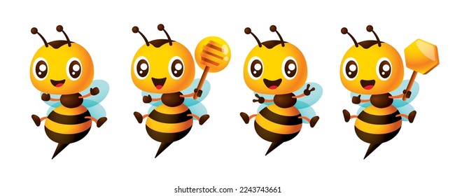 Cartoon cute bee mascot set with different poses, bee open arms excitedly, victory hand signs, holding honey dipper and honey comb sign. Cartoon bee character series vector
