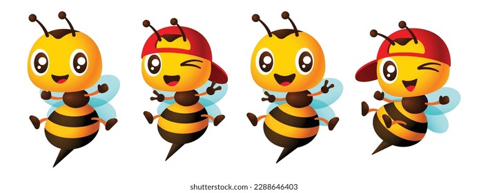 Cartoon cute bee mascot set with different poses vector illustration