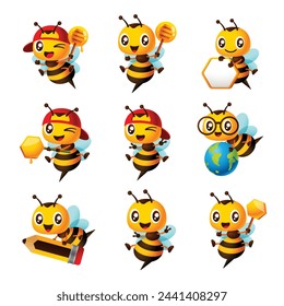 Cartoon cute bee mascot set. Cartoon cute bee showing different pose with holdin honey dipper, pencil, globe, honeycomb sign and wearing cap. Vector illustration isolated