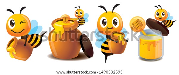 Мультфильм милый набор талисмана пчелы. Мультяшная милая пчела с набором меда. Симпатичная пчела несет горшок с медом и бутылку органического меда - набор талисманов векторных персонажей