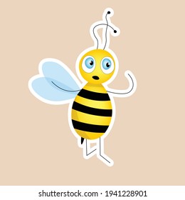 Cartoon cute bee mascot, sticker. Bee flies. Small wasp. Vector insect icon. Template design for invitation, cards, wallpaper, kindergarten. Doodle style. 
