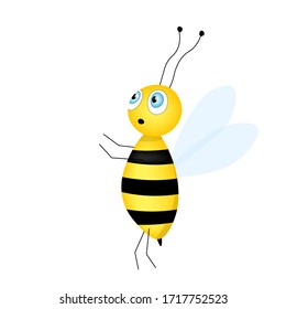 Cartoon cute bee mascot. A surprised bee flies. Small wasp. Vector character. Insect icon. Template design for invitation, cards, wallpaper, kindergarten. Doodle style. 