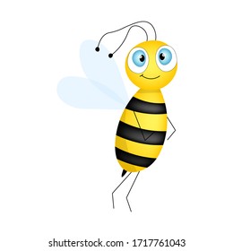 Cartoon cute bee mascot. A surprised bee flies. Small wasp. Vector character. Insect icon. Template design for invitation, cards, wallpaper, kindergarten. Doodle style. 