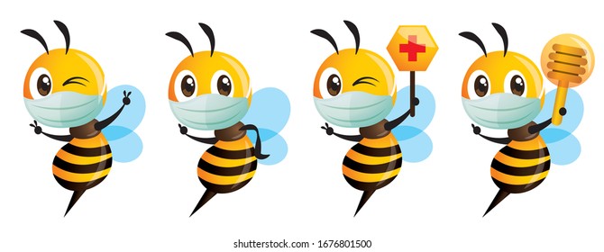 Cartoon cute bee mascot wear protective surgical mask series. Cute bee holding red cross honeycomb sign to protect against bacteria and virus. Vector illustration isolated